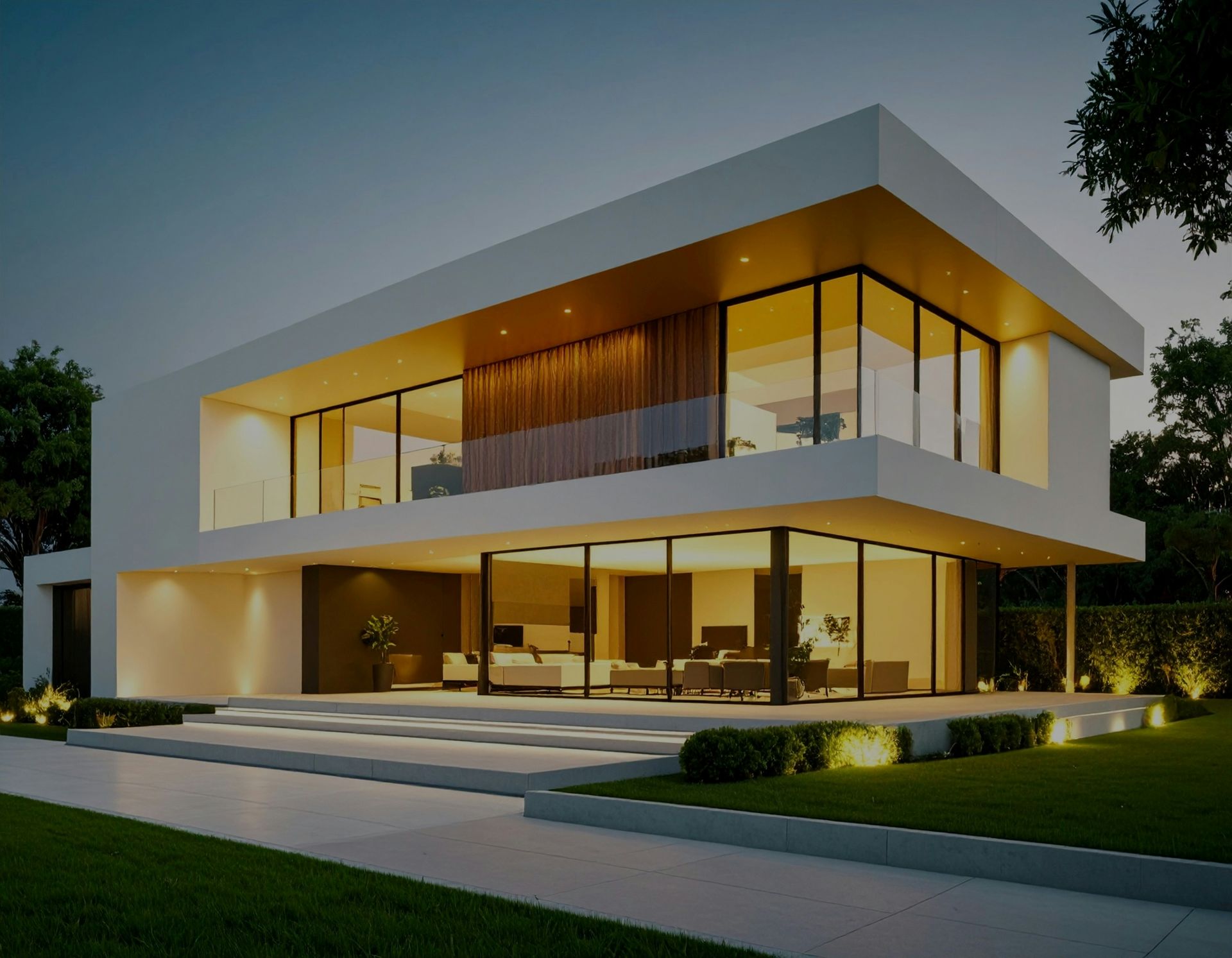 Modern house exterior glows with lights